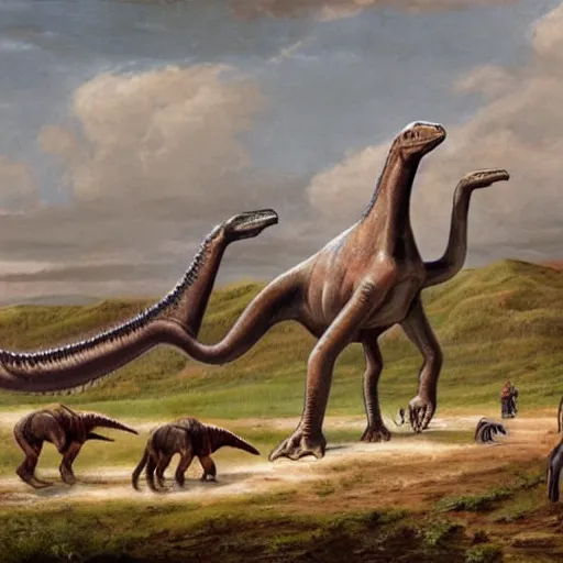 Image similar to hunters chasing a diplodocus in the plains