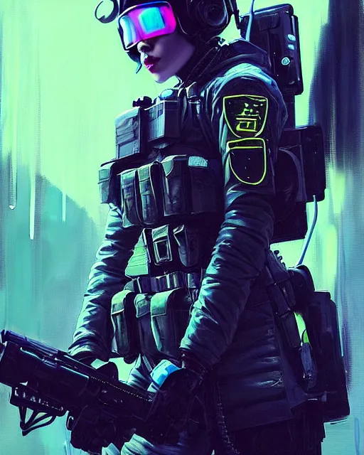 Image similar to detailed neon female swat officer sitting in a fighter jet, cyberpunk futuristic, neon, reflective puffy coat, decorated with traditional japanese by ismail inceoglu dragan bibin hans thoma greg rutkowski alexandros pyromallis nekro rene margitte, wide angle, illustrated, perfect face, fine details, realistic shaded, fine - face, pretty face