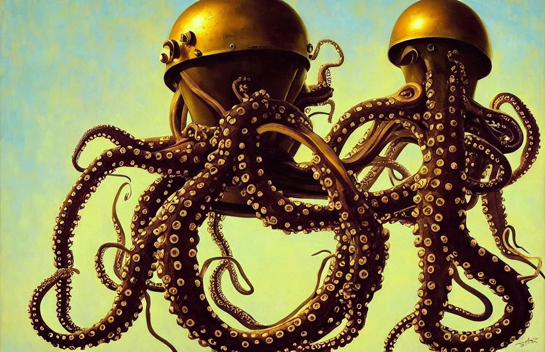 Image similar to portrait of deep sea diver helmet, octopus tentacles!!!!!!!!!!!!!!!!!!!!!!!!!!!, detailed face, detailed painting, epic lighting, by ilya repin, phil hale and kent williams