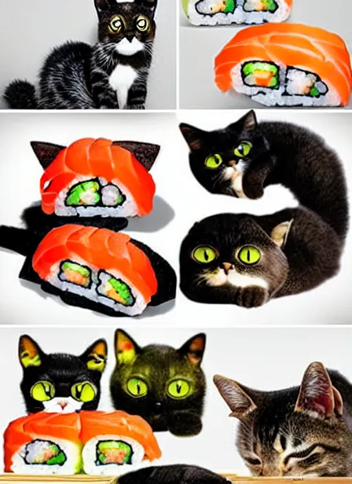 Image similar to clear photorealistic picture of adorable cats made out of sushi