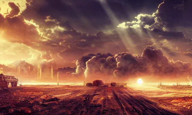 Image similar to post apocalyptic landscape, there is a nuclear explosion in the background, few sun rays, wallpaper, photo, hd, high detailed