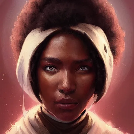 Image similar to portrait of a woman by greg rutkowski, youn jedi knight, black, afro hair, prettt, star wars expanded universe, she is about 2 0 years old, wearing jedi robes, highly detailed portrait, digital painting, artstation, concept art, smooth, sharp foccus ilustration, artstation hq