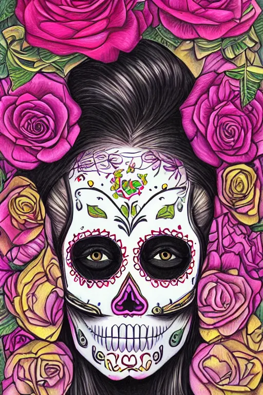 Image similar to illustration of a sugar skull day of the dead girl, art by magali villeneuve