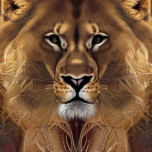 Prompt: professional photograph portrait of lioness anthropomorphic princess, intricate complexity, manga styling, symmetry, subsurface scatter, drum scanner, 8k render