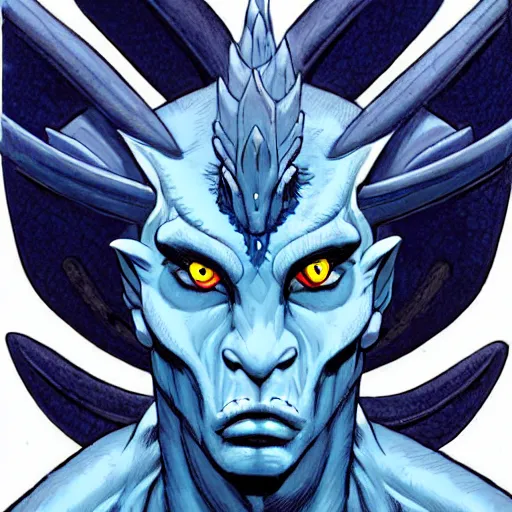 Image similar to head and shoulders porrtrait of a medieval fantasy anthropomorphic blue dragon - human hybrid with electrcity magic, fantasy, d & d, high details, art by phil noto and frank miller