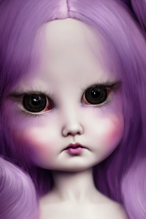 Prompt: cute porcelain doll with long purple hair, Mark Ryden style, vivid colors, high details, cinematic, 8k resolution, beautiful detailed, photorealistic, digital painting, dark atmosphere, artstation, concept art, smooth, sharp focus, illustration, fantasy background, artstation trending, octane render, unreal engine