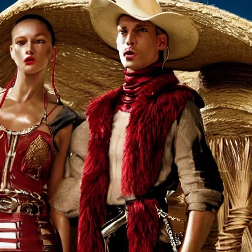 Image similar to dolce & gabbana campaign featuring jar jar binks as a female cowgirl, long eyeslashes, huge juicy lips, big seductive eyes, shot by mario testino, realistic vfx simulation