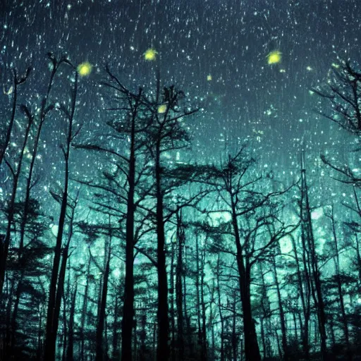Image similar to wrought silver forest under a moonlit star filled sky filled with fireflies