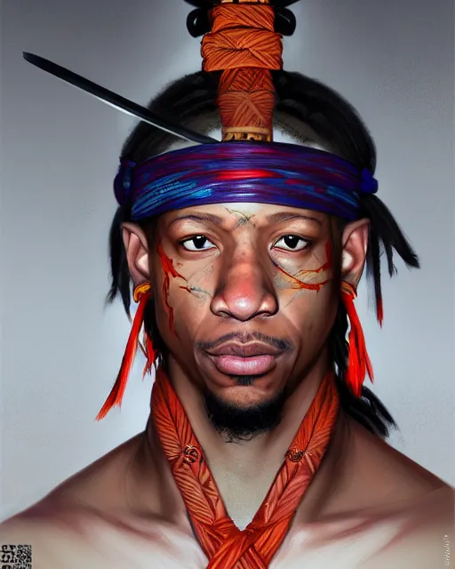 Prompt: face portrait of young allen iverson as a muscular ronin samurai, wearing a haori, by wlop and peter mohrbacher, dramatic action pose, extremely detailed shading, concept art, digital painting, trending on artstation, unreal engine 5, octane render, atmosphere, glow, cinematic lighting, full of color