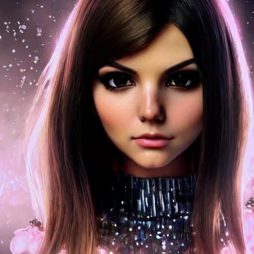 Image similar to beautiful victoria justice, very elegant features, brilliant glittering hair, universal volumetric lighting, soft glow, russian scary horror comedy film snapshot by range murata, norman rockwell, highly detailed intricately sharp focus, trending on pinterest, unreal engine 5 4 k uhd image