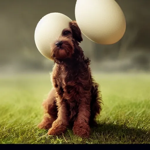 Image similar to brown cavoodle with an egg on its head, cinematic photography, trending on artstation,