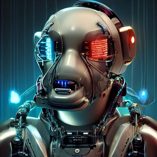 Prompt: 3 / 4 portrait of cybernetic corgi wearing epic bionic cyborg implants, wires, tubes, biomechanical details, super model, prismatic highlights, depth of field, cinematic, macro, concept art, 5 0 mm, artstation, digital painting, elegant, focus, octane render, ray tracing, by karol bak