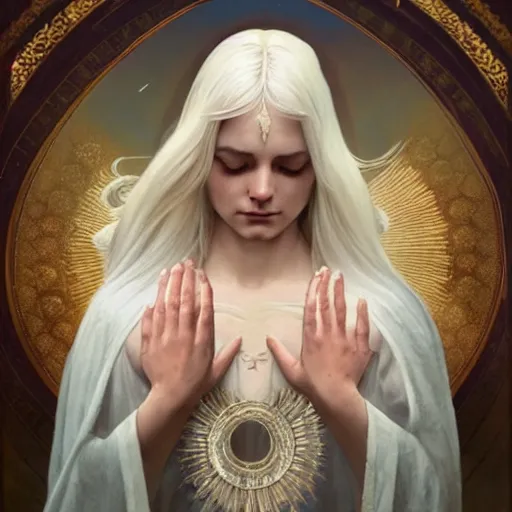 Image similar to goddess, white hair, long hair, praying, folded hands, closed eyes, serious face, full body, artstation, highly detailed, georgeus, ethereal, halo in the background, by artgerm and alphonse mucha and greg rutkowski