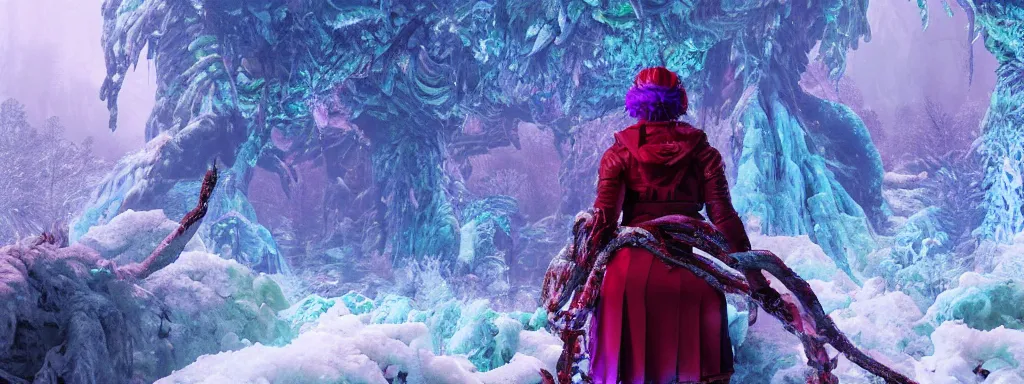 Image similar to large glowing woman made of ice, walking in a dense alien snow covered frosty jungle, with snow covered colourful red, blue and purple plants, large vines, snow covered arched organic rock structures, in the style of monster hunter world, like concept art on artstation, hyperdetailed, vray render, octane render,