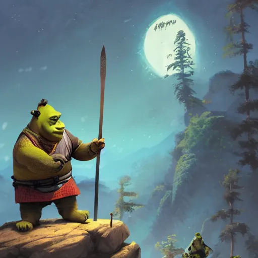 Prompt: an anthropomorphic shrek samurai standing heroically on a rock holding a sword in his hand. Adventurous, new adventure, forest, rocks, stream, ripples, tribal armor, female, slender, athletic, panda panda panda, female, atmospheric lighting, stunning, brave. By Makoto Shinkai, Stanley Artgerm Lau, WLOP, Rossdraws, James Jean, Andrei Riabovitchev, Marc Simonetti, krenz cushart, Sakimichan, D&D trending on ArtStation, digital art.