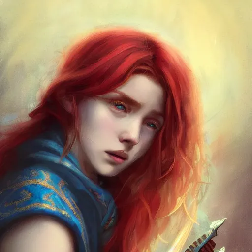 Image similar to red haired teen with a lute and cloak with many pockets with blue flames in background, dramatic, intricate, elegant, highly detailed, digital painting, artstation, concept art, smooth, sharp focus, illustration, octane render, art by Leesha Hannigan, Ross Tran, Thierry Doizon, Kai Carpenter, Ignacio Fernández Ríos