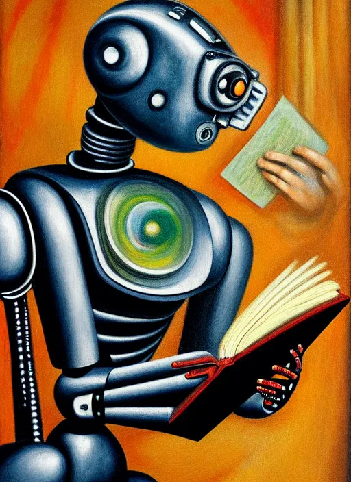 Image similar to portrait of a robot reading a book, highly detailed, painting by otto dix, 8 k