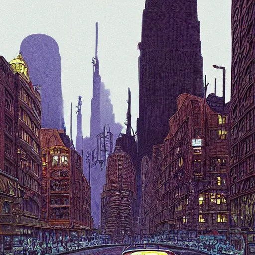 Prompt: a man standing next to a huge car in city, people walking, reflections on wet streets, dieselpunk style, steampunk, art by jean giraud and moebius ; architecture by francois schuiten, beautiful illustration, drawing, painting, clean lines, digital art, symmetric, colorful retrofutur, artstation