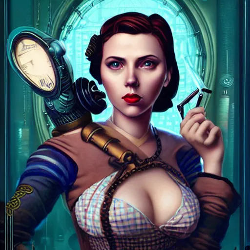 Image similar to Lofi Steampunk Bioshock portrait of Scarlett Johansson, Pixar style, by Tristan Eaton Stanley Artgerm and Tom Bagshaw.