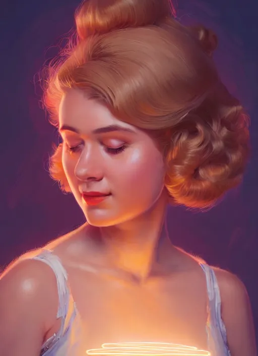 Image similar to portrait of betty cooper with fluffy bangs, bangs, 1 9 6 0 s, ponytail, curly bangs and ponytail, rounder face, intricate, elegant, glowing lights, highly detailed, digital painting, artstation, concept art, smooth, sharp focus, illustration, art by wlop, mars ravelo and greg rutkowski