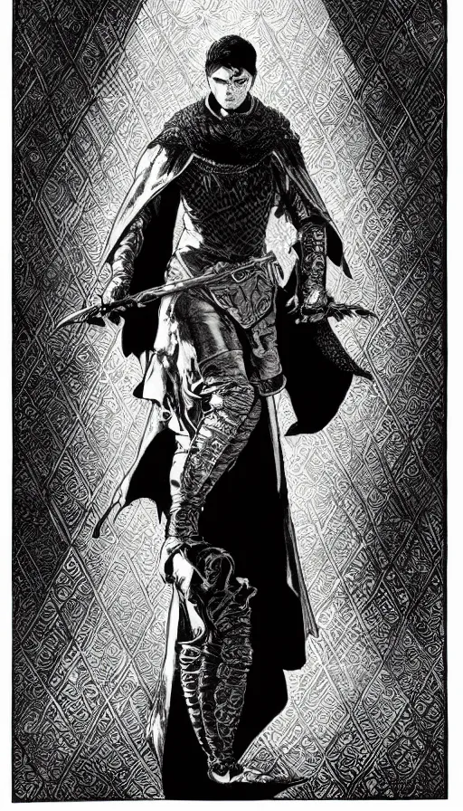 Image similar to a black and white ink fine ink drawing of a thief, from of thrones, in leather armor, fibonacci, sweat drops, intricate fashion clothing, concept art, smooth, sharp focus, portrait, illustration, art by alphonse mucha and travis charest