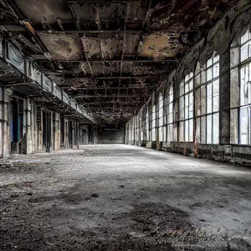 Prompt: interior of a large decayed industrial hall, cleaned up, modern sculptures, dramatic lighting, phase one photo,