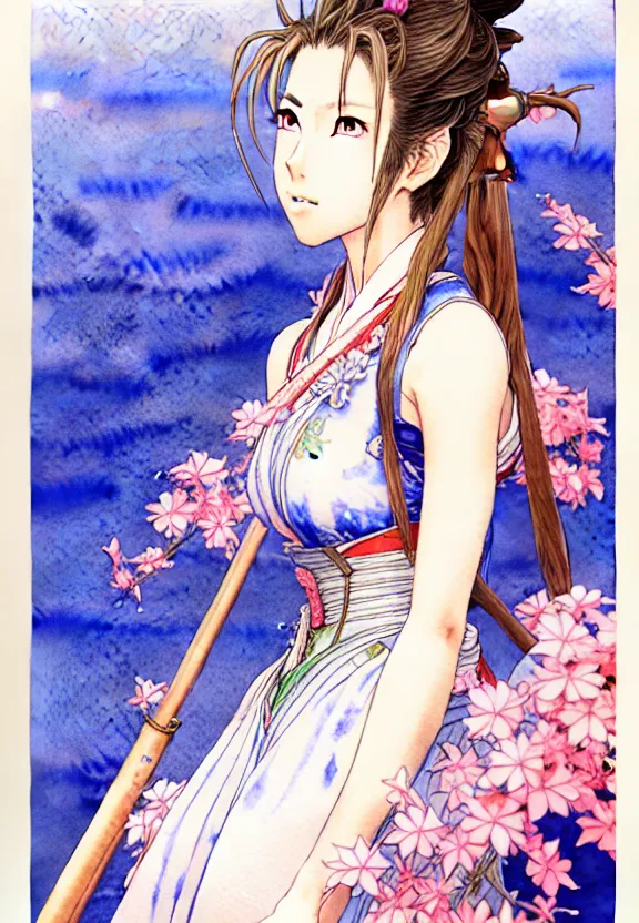 Image similar to a full-body watercolor painting of Aerith Gainsborough by Yoshitaka Amano, ukiyo-e, nouveau, concept art, 80's fantasy art, highly detailed, intricate, trending on artstation, award-winning