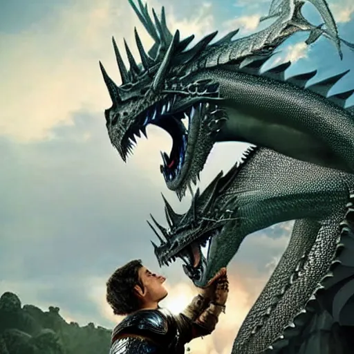 Image similar to A knight kissing a dragon. Detailed amazing wellmade movie still