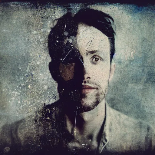 Image similar to A double exposure of a collodion-styled portrait of a man coupled with an abstract oil-on-canvas painting, bokeh, depth of field, dreamy