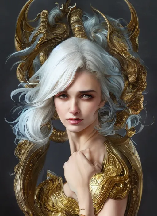 Image similar to fullbody!! dynamic movement pose, beautiful woman with white hair, big natural horns on her head, gold jewellery, dnd, face, fantasy, intricate, elegant, highly detailed, digital painting, artstation, concept art, smooth, sharp focus, illustration, art by artgerm and greg rutkowski and alphonse mucha