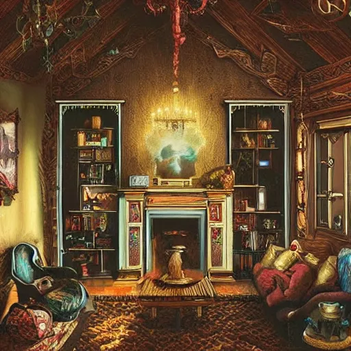 Image similar to intricate detailed victorian goth interior of a vintage 1 9 7 0 s living room with wooden tv by peter mohrbacher and dan mumford, cgsociety