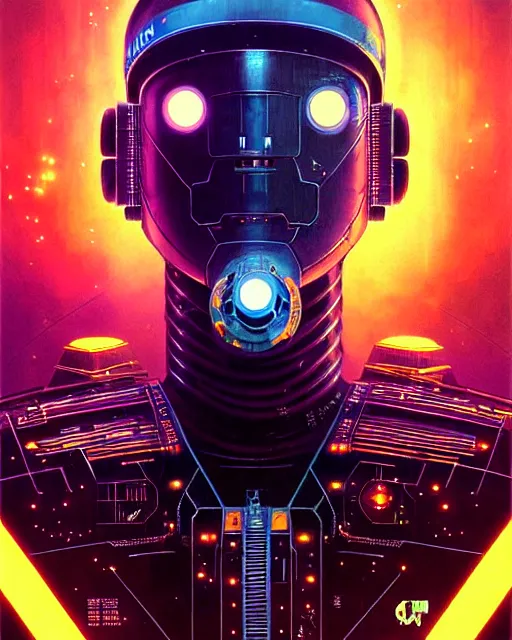 Image similar to cyberpunk robot, character portrait, portrait, close up, concept art, intricate details, soft glow, highly detailed, vintage sci - fi poster, in the style of chris foss, rodger dean, moebius, michael whelan, and gustave dore