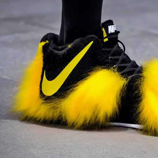 Image similar to nike model shoe made of very fluffy yellow and black faux fur placed on reflective surface, sonic colors professional advertising, overhead lighting, heavy detail, realistic by nate vanhook, mark miner