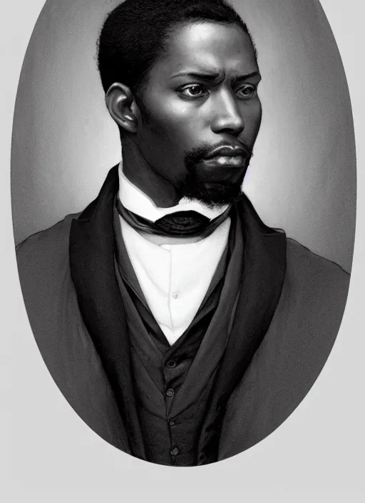 Image similar to 3 / 4 view of a portrait of a black man in victorian clothing, confident pose, intricate, elegant, sharp focus, illustration, highly detailed, concept art, matte, trending on artstation, anime, art by james jean and artgerm and brian despain and alberto mielgo, greg rutkowski, wlop, ilya kuvshinov, strong strokes