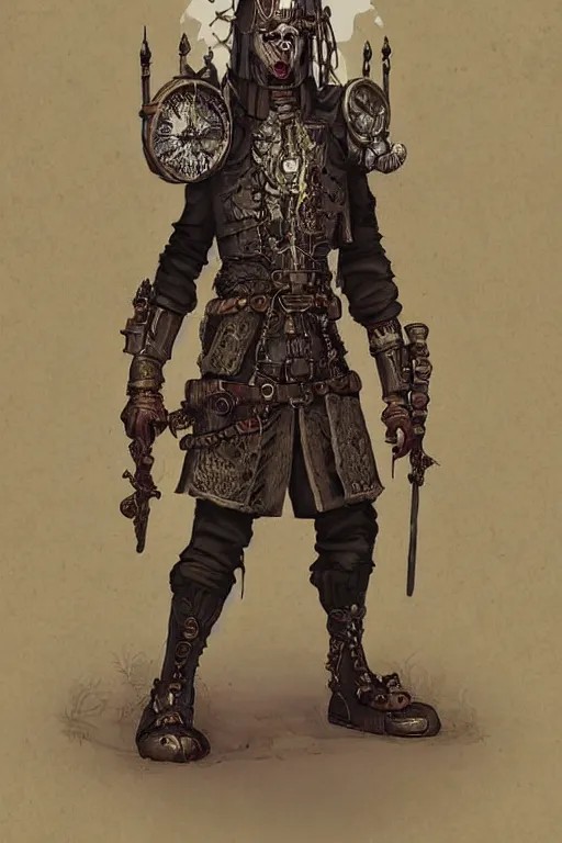 Prompt: beautiful calm bright ai generated fullbody character illustration of a very old timetraveller highpriest in ornated wooden armor and decorated sacred outfit and heavily equipped with steampunk cyberwares. rendered by machine.delusions. inspired by: @machine.delusions on instagram. Slightly reminds to boris valejho style. Fullbody portrait uncut centered cinematic, dramatic pose medieval combined with steampunk