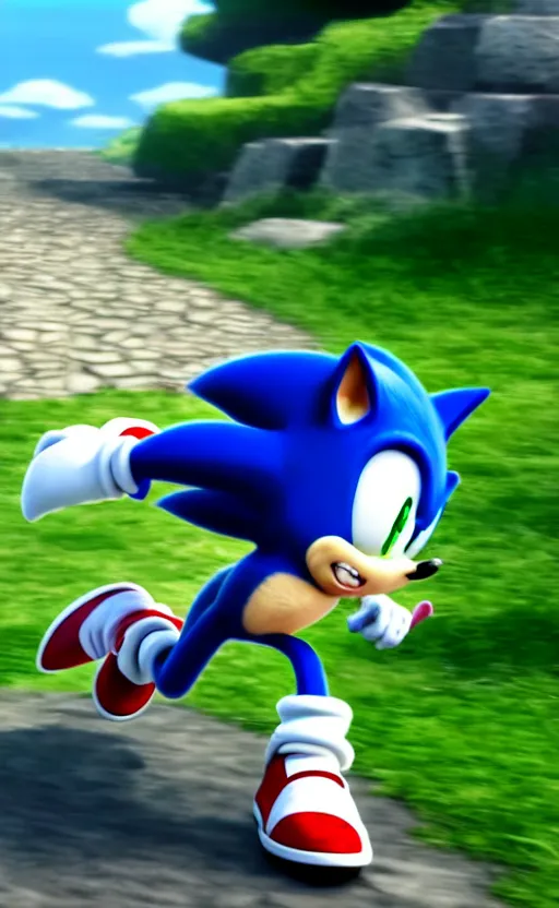 Image similar to super super super epic cinematic shot of sonic the hedgehog, sonic unleashed, apotos day zone, 8k miyazaki anime scene, motion blur, red shoes, green eyes, ++++++ super super super dynamic action running, concept photos, dynamic lighting, dynamic shaders, sunny day, amazing quality