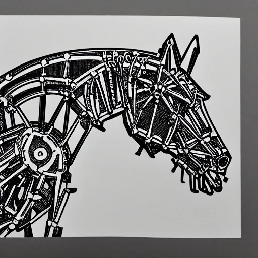 Prompt: mechanical skeleton horse, linocut