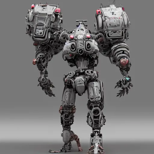 Image similar to big biomechanical mech warrior, scifi, hard surface, model, zbrush, white background, intricate, detailed, centered, hyperrealism, octane, robotic head