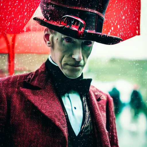 Image similar to cinestill 5 0 d candid photographic portrait by david cronenberg of baroque steampunk cyborg gentleman wearing a red edwardian suit and top hat, floral growths, modern cyberpunk moody emotional cinematic, closeup, pouring rain menacing lights shadows, 8 k, hd, high resolution, 3 5 mm, f / 3 2, ultra realistic faces, ex machina