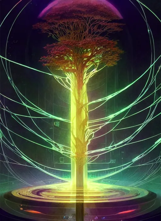 Image similar to high depth, collective civilization tree, calm, healing, resting, life, hybrids, scifi, glowing lights!!, published concept art, mixed medias, image overlays, sharp focus, thin glowing wires, winning illustration, art by greg rutkowski and alphonse mucha, singularity!!!, 3 6 0 projection