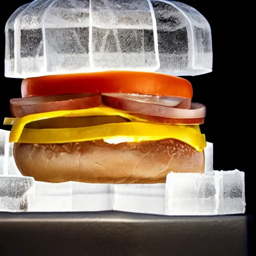 Image similar to a clear ice sculpture of a burger made entirely of ice, 4 k