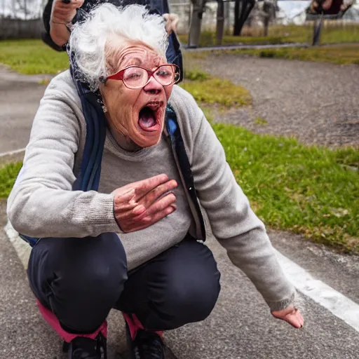 Prompt: elderly woman screaming at an alien, canon eos r 3, f / 1. 4, iso 2 0 0, 1 / 1 6 0 s, 8 k, raw, unedited, symmetrical balance, wide angle