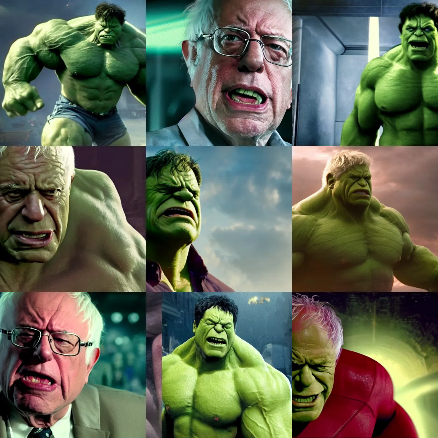 Prompt: film still of bernie sanders as hulk in infinity war movie, 8 k
