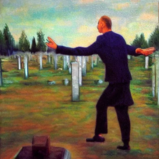 Prompt: “ a finnish man dancing next to grave while others are mourning, oil painting, ultrafine detail, associated press photo, realistic facial features ”