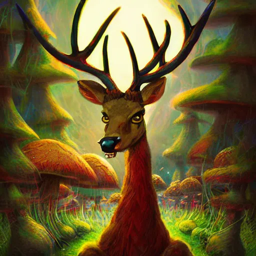 Image similar to 4 k headshot portrait of a psychedelic demonic anthropomorphic deer with mushroom themed clothes, magic mushroom village in background by jeff easley, award winning, stylized neon, post - processing, masterpiece, superb resolution. in the art style of junji ito and greg rutkowski. detailed mushroom city in background. hyper realistic anime. perfect art. dalle 2