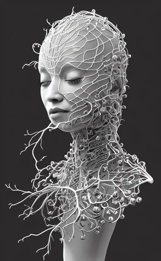 Image similar to black and white complex 3d render of 1 beautiful profile woman porcelain face, vegetal dragon cyborg, 150 mm, sinuous silver metallic ghost orchid flower stems, roots, leaves, fine lace, maze-like, mandelbot fractal, anatomical, facial muscles, cable wires, microchip, elegant, highly detailed, black metalic armour with silver details, rim light, octane render, H.R. Giger style, David Uzochukwu
