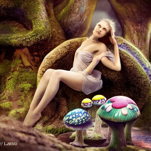 Prompt: a fairy sitting on a toadstool, macro, depth of field, zeiss lens, detailed, symmetrical, centered, fashion photoshoot, by annie leibovitz and steve mccurry, david lazar, jimmy nelsson, breathtaking, 8 k resolution, extremely detailed, beautiful, establishing shot, artistic, hyperrealistic, beautiful face, octane render