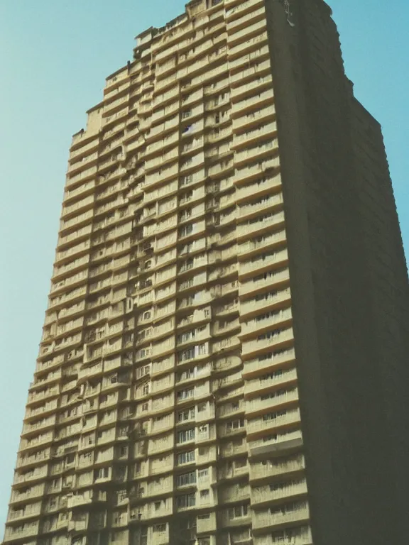 Image similar to photo of a soviet panel residential low height building, extreme wide shot, golden hour, kodak gold 2 0 0, side - view