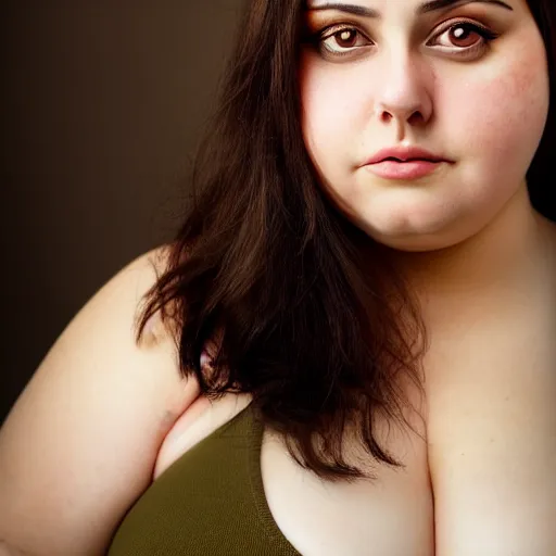Prompt: A portrait of a plump woman, a cute art neuveau woman with straight brown hair in a Bob, no bangs, brown eyes, full face, olive skin, romanian heritage, medium shot, mid-shot, 8k, by mucha