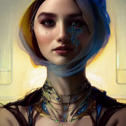 Prompt: portrait of a humanoid robot wearing a veil, mystic, mystical, robot body, intricate, headshot, highly detailed, digital painting, artstation, concept art, sharp focus, cinematic lighting, digital painting, art by artgerm and greg rutkowski, alphonse mucha, cgsociety